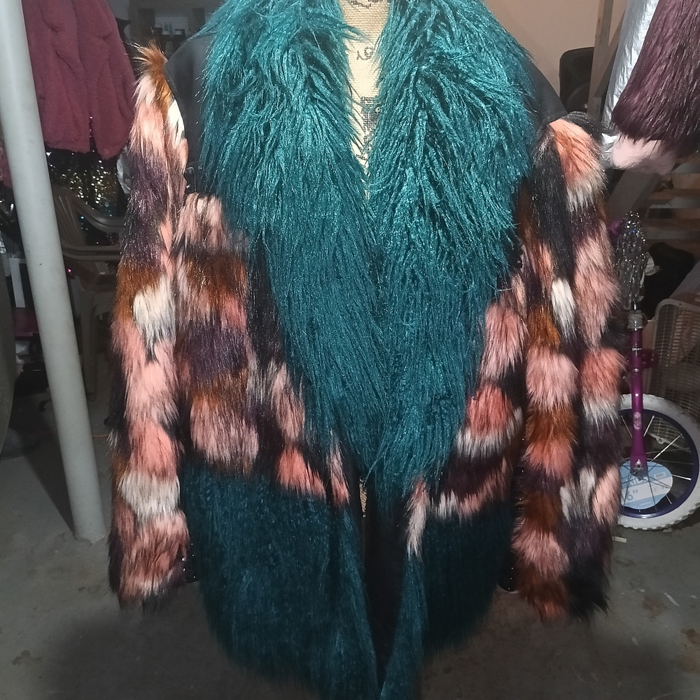Fashion Nova Teal and Black Faux Fur Jacket